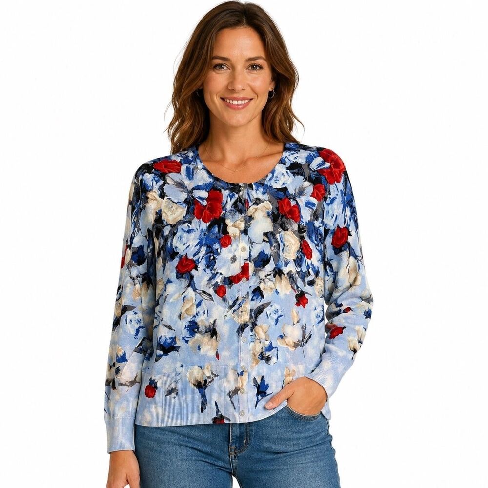White House Black Market Cardigan Sweater Womens Large Blue Floral Button Front